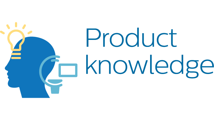 a logo of a person getting an idea with the text of product knowledge on the right